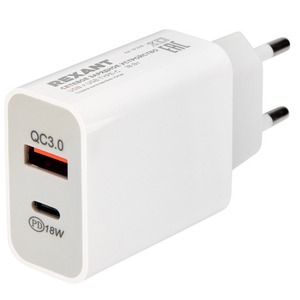 Зарядное устройство сетевое Rexant 18-2216 USB-A+USB-C адаптер, 18W белое